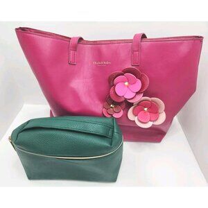 Elizabeth Arden New York Purse Magenta Flowers Tote with Green Makeup Bag